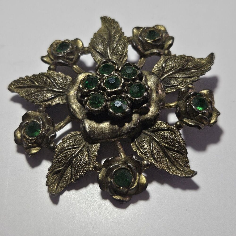 Vintage 1940'S Little Nemo Signed Gold Tone Green Rhinestone Floral Leaf Brooch